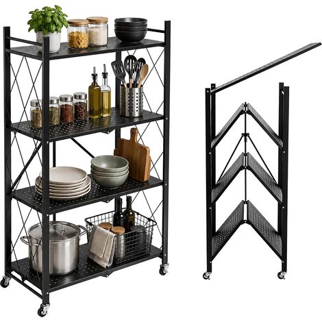 Relaxdays folding shelving unit, 4 shelves, up to 100 kg, H x W x D 125 x 71 x 34 cm, castors with brakes, steel, black (1/5)