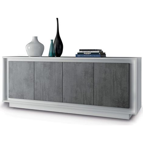Buffet 4 portes en bois, collection FALL, coloris blanc brillant laqué et gris aspect béton (1/4)