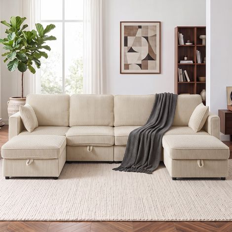 Canapé modulaire en U 4 places, 2 poufs rangement velours côtelé, 4 coussins, blanc crème (1/5)