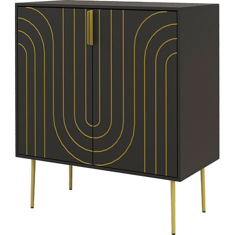 Art Deco Inspired Sideboard,  Adjustable Shelf - Black/Gold Tone (1/5)