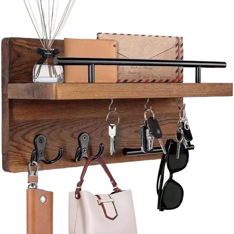 Porte-clés mural avec crochets, 32 x 18 x 13 cm, porte-clés en bois, support mural de couloir, multifonctionnel et pratique, adapté aux lettres, parapluies, portefeuilles, etc. (1/5)