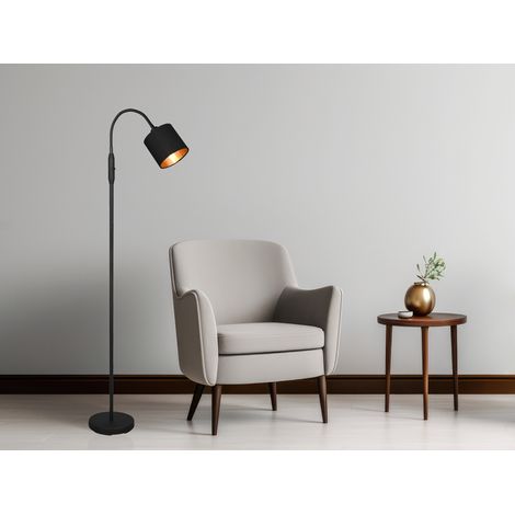 Kleine LED Stehleuchte Stoffschirm Schwarz/Gold mit Flexarm, Höhe 130cm (1/5)