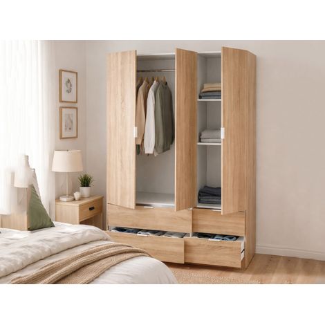 Dmora - Guardaroba 3 ante Ababala, Mobile camera da letto a 3 ante e 2 cassetti, Armadio appendiabiti, 135x52h200 cm, Rovere (1/5)