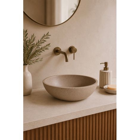 Vasque à poser ronde Ø 44 cm en ciment beige moucheté - TERRA - INOBATH (1/4)