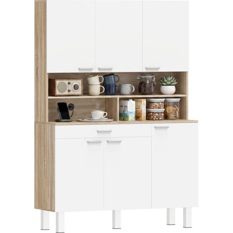 Hohes Küchen-Sideboard, Küchenschrank, 6 Türen, Schublade und offene Regale, 120 x 40 x 175 cm, weiß und naturfarbenes Holz