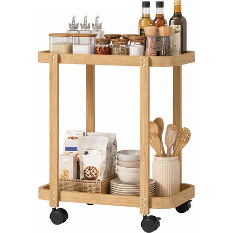 Chariot de cuisine en bambou à 2 niveaux, avec roulettes, 2 étagères, 54 x 36,5 x 60 cm, naturel (1/5)