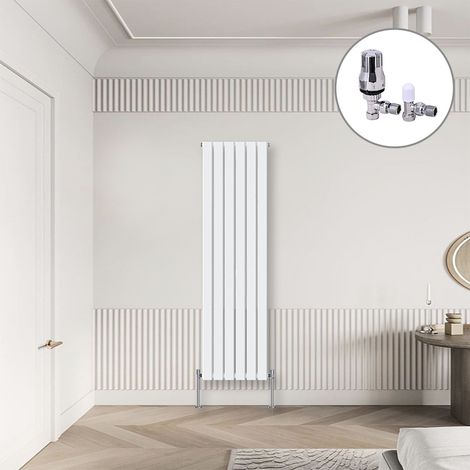 Flat Panel Designer Radiator White + Chrome Angled TRV Thermostatic Radiator Valves Vertical 1800x408mm Single