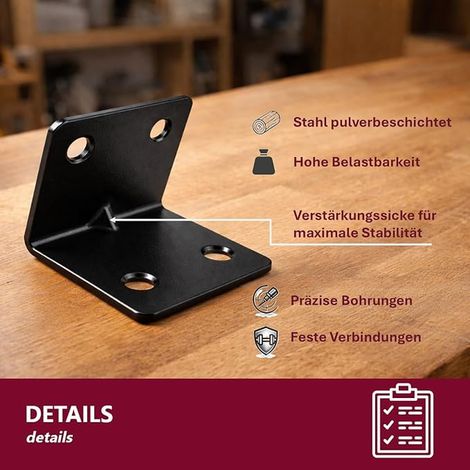 Set of 10 Wide Angle Brackets for Indoor and Outdoor Use, Powder-coated Steel, Black, 30 x 30 x 30 mm (1/4)