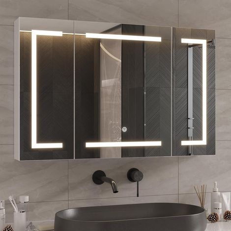 Armoire de toilette avec miroir, éclairage LED et prise, dimensions 90 x 16 x 60 cm, finition miroir en métal, étagères réglables, 3 couleurs de lumière. (1/5)