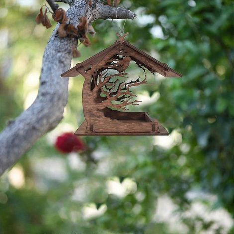 Mangeoire suspendue en bois, en forme de maison, facile à monter, décorative pour jardin, balcon ou arbre. (1/4)