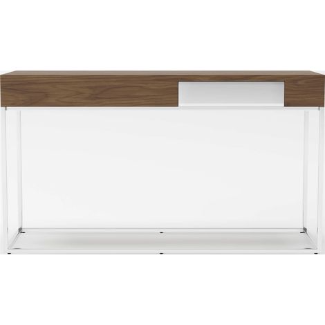 Console bois tiroir fermeture en souple et façade avec miroir pieds acier chromé - Noyer, acier inoxydable (1/5)