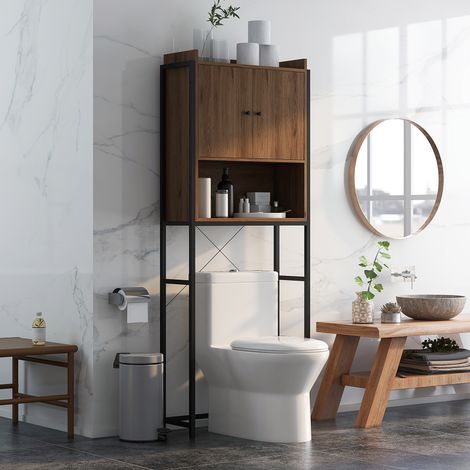 WC-Regal, Badezimmerschrank, 2-türiger Schrank mit Nische, 68 x 25,5 x 172,5 cm, braun und schwarz