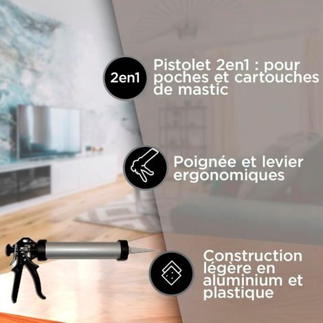 Pistolet extrudeur en métal pour poches de mastic silicone, acrylique et colles polymère hybrides - poche de 600ml (1/2)