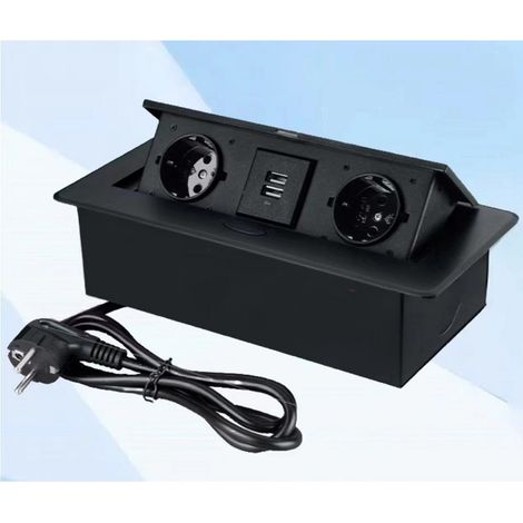 Prise Encastrable Plan de Travail Noir, Multiprise Plan de Travail Cuisine avec 2 Prises + 2USB 1,8M Câble (1/5)