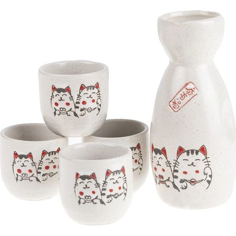 Service à Saké Chats Japonais avec 4 Bols (1/5)