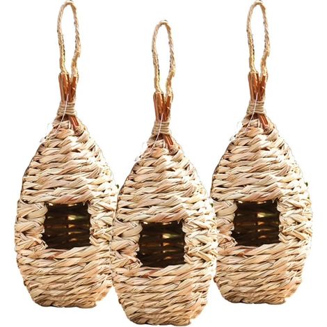 Lot de 3 nichoirs suspendus pour colibris, cabanes en herbe naturelle pour jardin extérieur, tissées à la main (1/2)