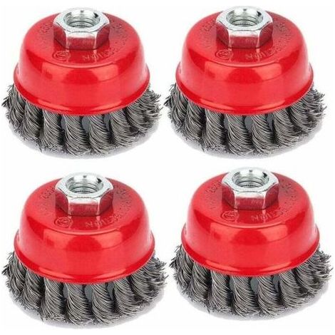 Lot de 4 brosses coniques, meuleuses, brosse métallique, brosse coupelle torsadée, brosses de ponçage pour meuleuse d'angle, élimination de la corrosion, Ø 75 mm, M142 (1/5)