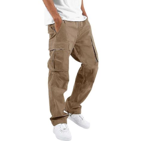 Pantalon cargo long ample et décontracté en coton et lin, confortable et multipoches, idéal pour le travail.-S-Khaki