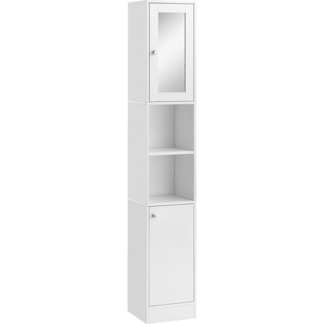 Armoire de salle de bain haute avec miroir, colonne de salle de bain en bois avec 2 étagères ouvertes, 2 portes et étagères intérieures réglables, 30 x 28 x 180 cm, blanche (1/5)