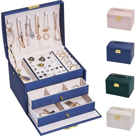 AGE Boîte à Bijoux , Rangement Bijoux Verrouillable, Coffret Bijoux Femme avec 2 Tiroirs et 3 Couches, Rangement pour Montre, Collier, Bague, Bracelet, Idée Cadeau (Bleu Marine Grande Taille) (1/5)