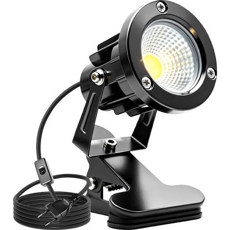 Spot LED à pince avec prise et interrupteur. IP65. étanche. pour l'intérieur et l'extérieur. spot LED de 10 W avec câble de 1.5 m pour extérieur. cour. pelouse. blanc chaud (1/5)