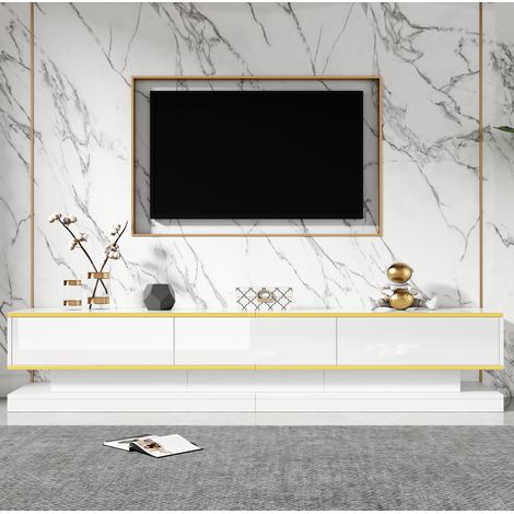 Mobile TV 200x40x40 cm bianco caldo in pannelli di particelle lucidi con 3 cassetti e ripiani aperti (1/5)