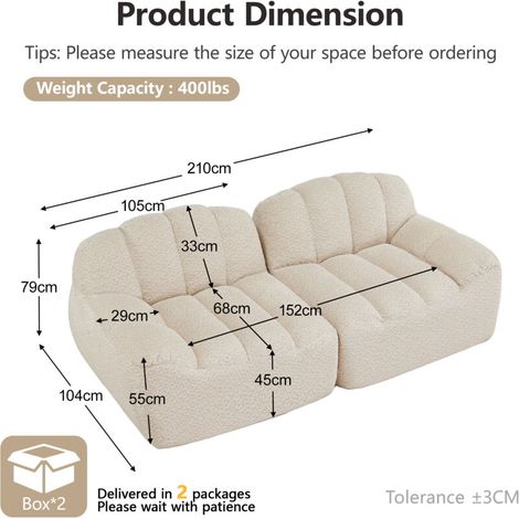 Canapé modulaire 2 places – Modèle sans cadre, forme coque, coussins profonds, aucun assemblage, velours, beige et blanc – Luxe sans montage (1/5)