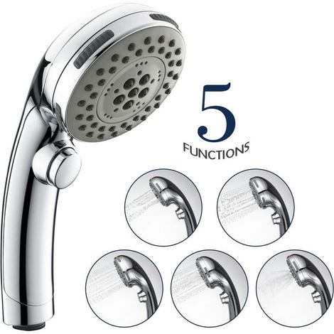 Douchette à main à 5 jets avec pommeau de douche à arrêt d'eau Chrome Pommeau de douche haute pression 1/2" pour douchette à main réglable Douchette à main Économiseur d'eau Convient pour la salle de  (1/5)