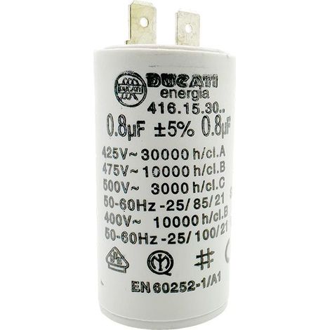 Ducati Energia – Condensateur permanent 0,8µF – Cosses Faston 6.3 mm – Fond plat Ø30x56mm – Homologation VDE EN60252-1 – Durée de vie 10.000 heures (1/3)
