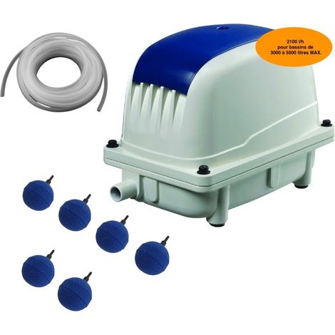 Set Aérateur Bassin Pompe à air 2100 l/h 6 boules diffuseur SILENCIEUX. Pour 4000 litres environ (1/5)