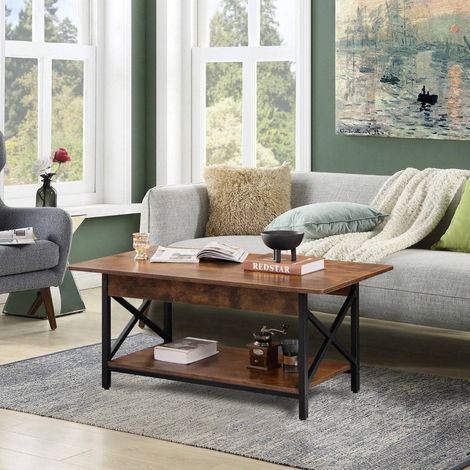 2 stufiger industrieller couchtisch mit ablageflache x formigem metallrahmen braun