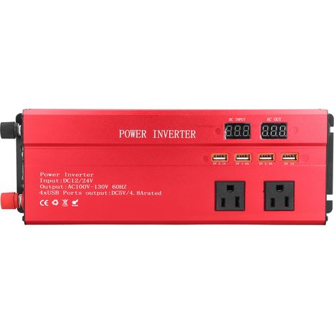 Convertisseur de tension Xuyuan 2000W, entrée 12V/24V DC vers sortie 110V AC standard américaine, onduleur pour voiture avec écran LED, affichage numérique, prise US, camping et secours. (1/5)