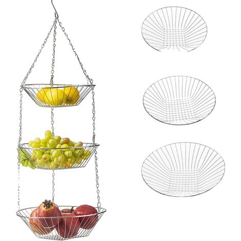Cesta colgante para frutas, diseño de tres niveles, marco desmontable, color plata. (1/2)