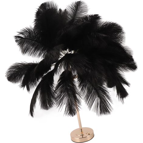 Lampe de table rechargeable en plumes d'autruche, style moderne et romantique, pour la décoration de la chambre à coucher (noire). (1/5)