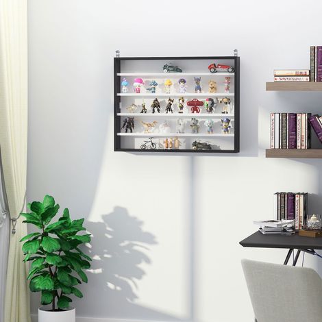 Wandvitrine mit 4 verstellbaren Einlegeböden, Sammlervitrine, Wandvitrine für Sammlerstücke, aus Glas und Spanplatte, 80 x 9,5 x 60 cm, Schwarz und Weiß