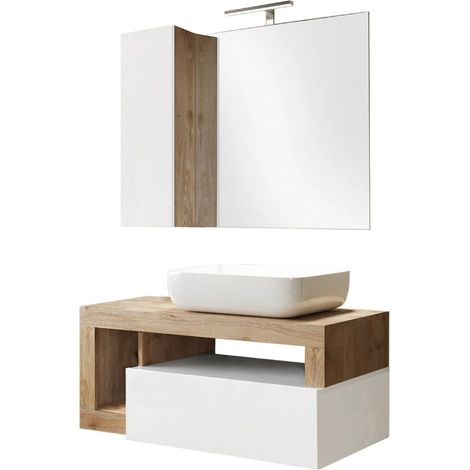 ARTURO - Meuble Vasque 92cm suspendu + Miroir blanc et aspect bois finition Cadiz (1/5)