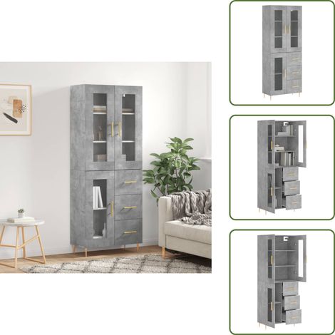 The Living Store Buffet haut Gris béton 69,5x34x180 cm Bois d'ingénierie - Buffet Design Moderne - Meuble Rangement Gris - Armoire Cuisine - Buffet Salon - Buffet Industriel