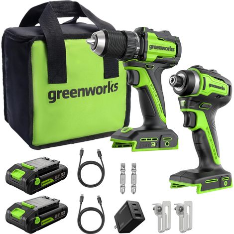 Greenworks 24V Trapano Avvitatore a Batteria 45Nm + 220Nm Avvitatore a impulsi a batteria Brushless, (2) batterie USB-C 2.0Ah (12.000mAh) e caricatore veloce USB-C da 65W (3 porte) CK321 (1/5)