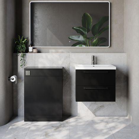 Napoli 390 Cento Matt Black 1200mm Wall Mounted 2 Drawer Vanity Unit and Toilet Suite with Glide Basin - 1200mm - Gunmetal Grey 320mm HandleWithout Kingston Toilet Pan