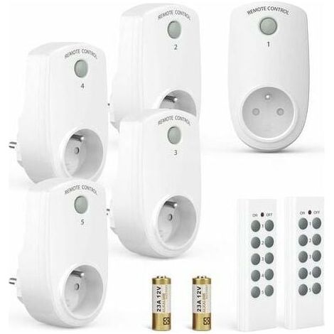 Lot de 5 Prise Programmable Électrique, Prise Télécommandée sans Fil avec 2 Télécommandes 2 Piles Fournies, 30M de Distance de Contrôle dans la Zone Ouverte, Fonction on/Off (1/4)