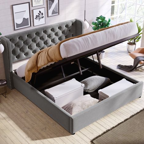 Letto matrimoniale 140200 con rete a doghe e vano contenitore, Grigio (1/5)