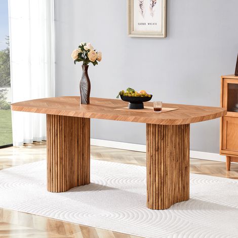 Table de manger en bois couleur noyer avec support en colonne arquée – 180×90cm, multifonctionnel pour salle à manger et espace d'accueil, design élégant moderne