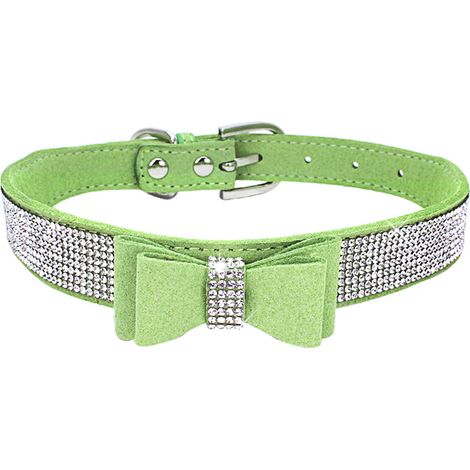 Collier pour petit chien chiot chat collier diamant bling fille strass mignon nœud papillon femme garçon petit animal domestique chaton senior collier avec nœud vert clair XXL