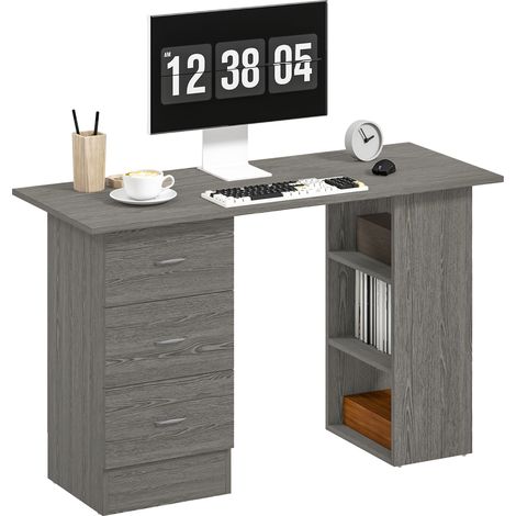 Escritorio reversible para ordenador, mesa de ordenador con 3 cajones y 3 estantes abiertos, 120 x 49 x 72 cm, gris.