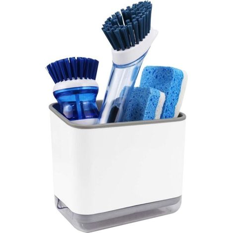 Support de comptoir d'évier en plastique, porte-éponge à vaisselle, boîte de rangement pour brosse et éponge de cuisine avec bac de vidange, blanc (1/5)