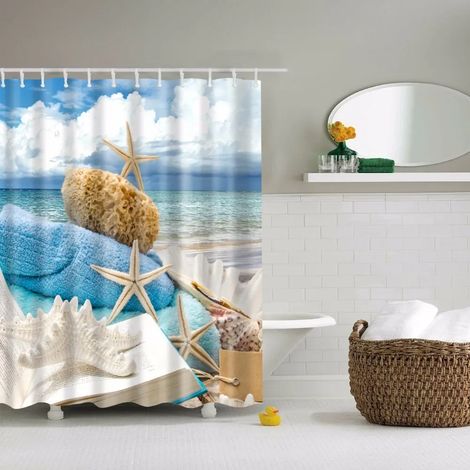 Rideau de douche à motif coquillages, étoiles de mer, conques, palmiers bleus et coucher de soleil, décor de salle de bain, 240 x 180 cm (94 x 70 pouces), 240 x 180 cm (94 x 70 pouces)
