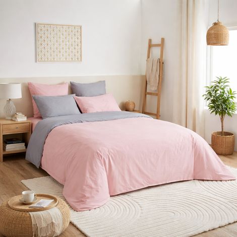 Pack HARMONIE 6 pièces Rose & Gris– Coton 57 fils – Housse 240x220 + Drap housse 140x190 cm