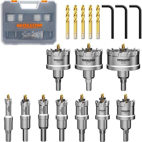 10 Scies Cloches (14-60mm) Kit de Scies-Cloche en Carbure TCT pour Métaux Durs, 3 Forets Pilotes Supplémentaires et 1 Clé Hexagonale pour Acier Inoxydable, Fer, Aluminium, Alliages (1/5)