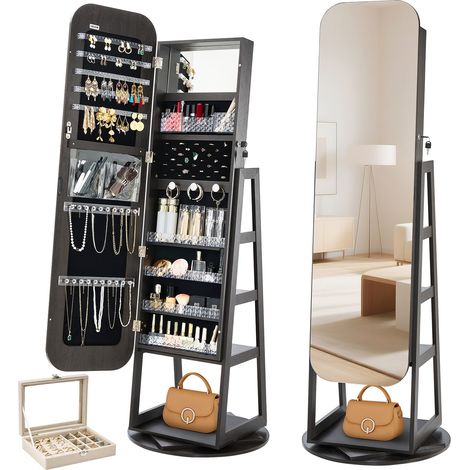 Armoire à bijoux pivotante à 360°, organiseur de bijoux sur pied, hauteur 1600 mm, avec miroir pleine longueur, étagères de rangement, porte verrouillable avec 2 clés, pochettes pour accessoires (1/5)