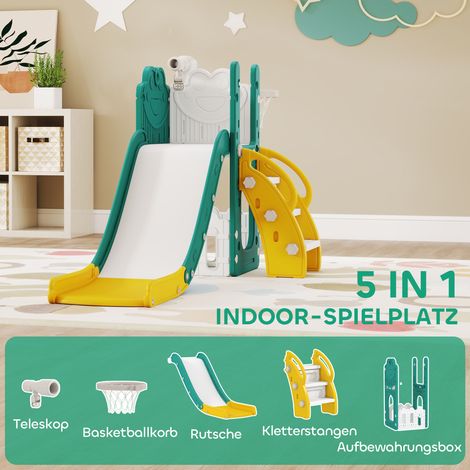 Lot 5 en 1 toboggan pour enfants avec panier de basket télescopique, plastique jaune et vert (1/5)